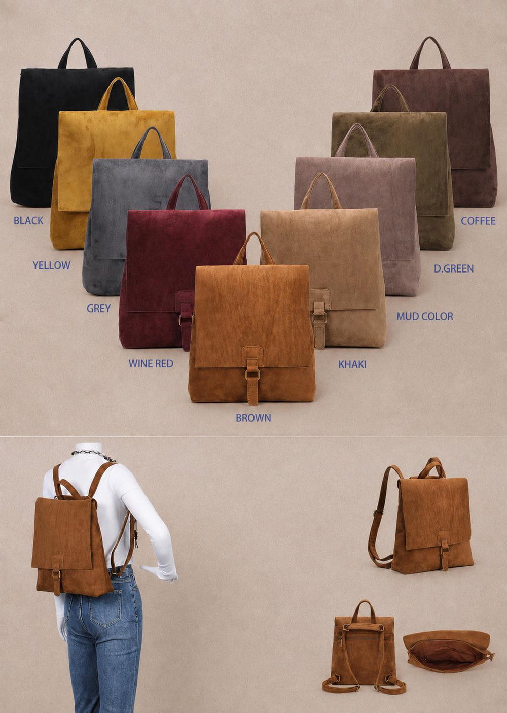 Velour Vegan verstellbare Tasche/Rucksack